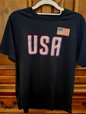 USA Graphic Tee with Flag Patch - Navy